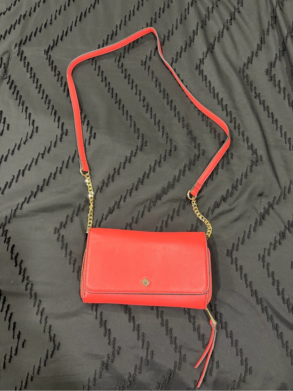 Crown n Ivy Red Coral Crossbody Wallet Bag with Gold Chain Accent